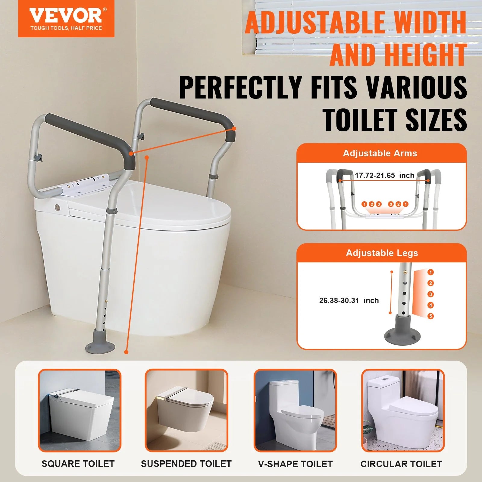 VEVOR Toilet Safety Rail, Bathroom Toilet Seat Frame, Adjustable Width & Height Fit Most Toilets, Supports 300Lbs, Toilet Handles Grab Bars with Padded Armrests for Handicap, Disabled, Seniors