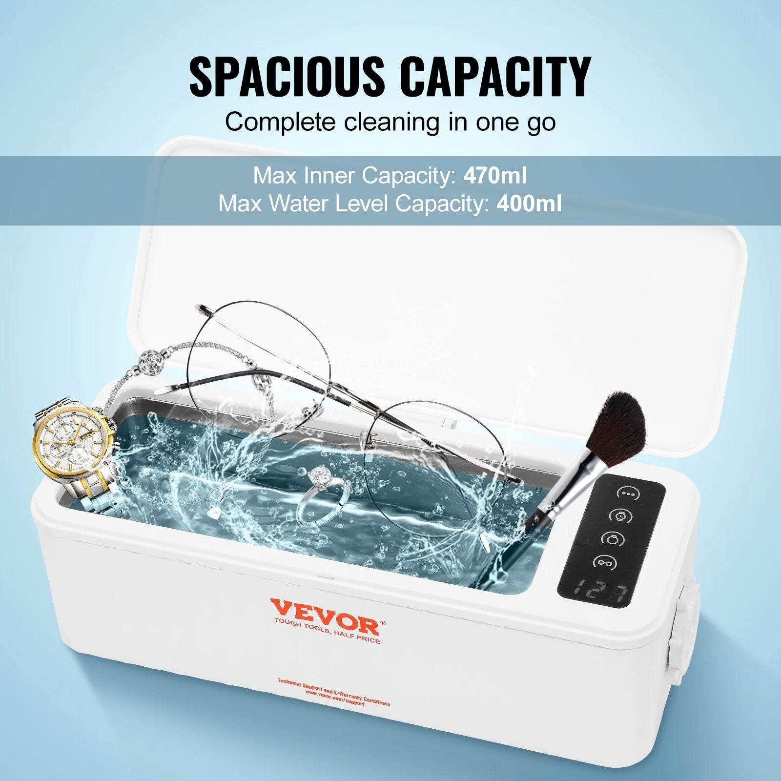 VEVOR Jewelry Cleaner Ultrasonic Machine, Ultrasonic Cleaner Machine 16Oz (470Ml) with 4 Timer Modes, Portable Ultrasonic Jewelry Cleaner with Cleaning Basket for Eyeglasses, Watches, Dentures, Rings